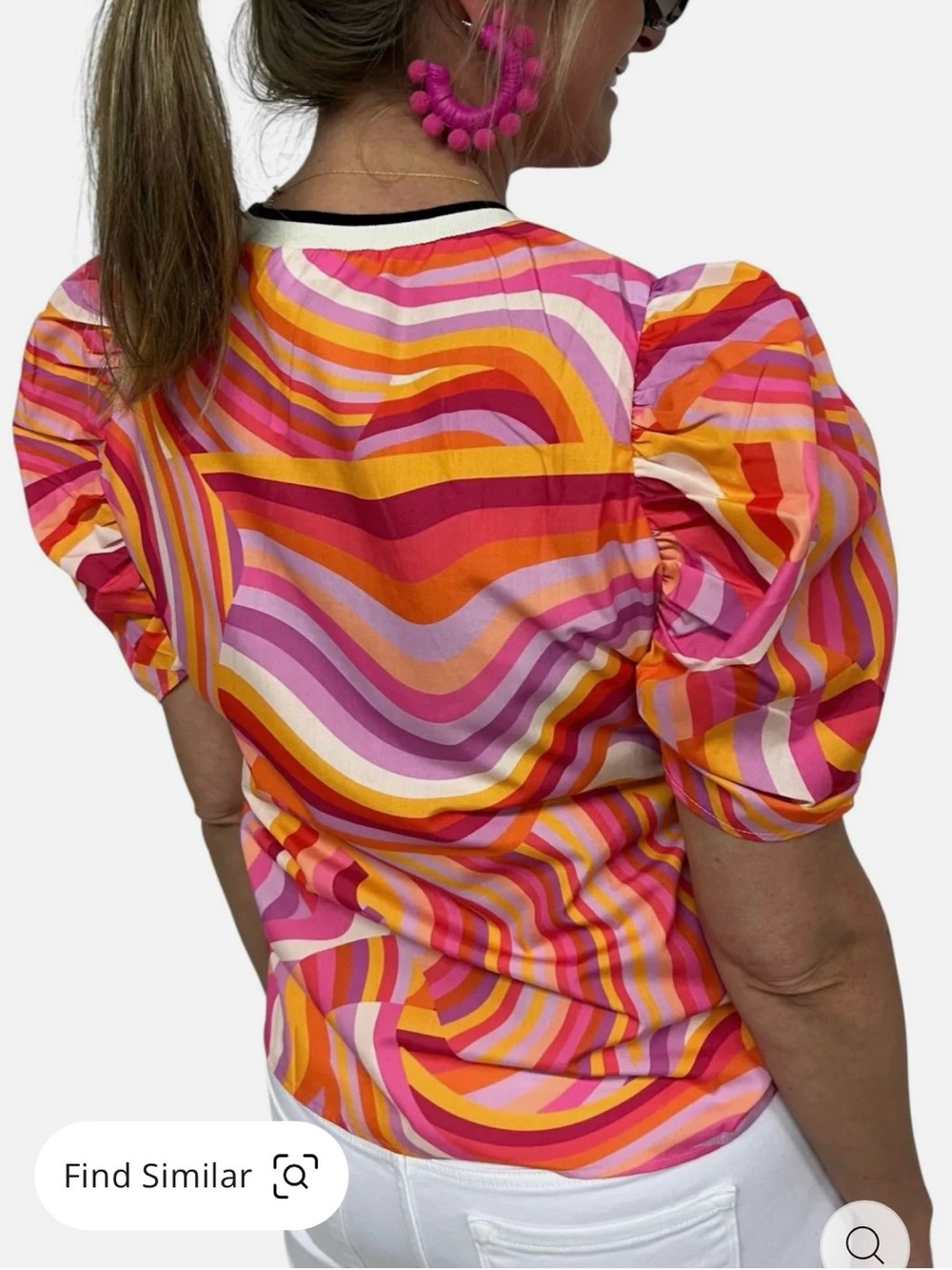 new THML Colorful Pink Swirl Puff Sleeve Women's Top - Picture 3 of 7